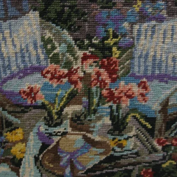Custom Blue Framed Needlepoint Patio Floral Scene Framed Art Picture 13 x 18 - Picture 6 of 10